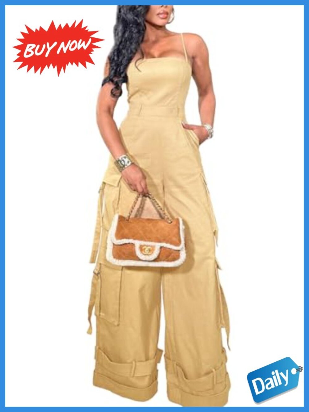 Womens Cargo Jumpsuit Sleeveless Wide Leg One Piece Romper Pockets